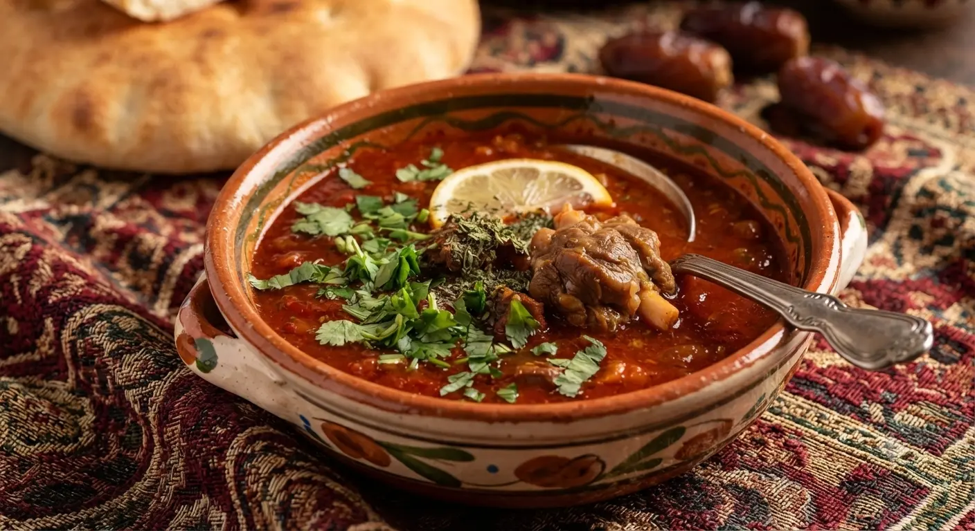 Authentic Algerian Chorba Frik with lamb and fresh herbs in a traditional bowl"