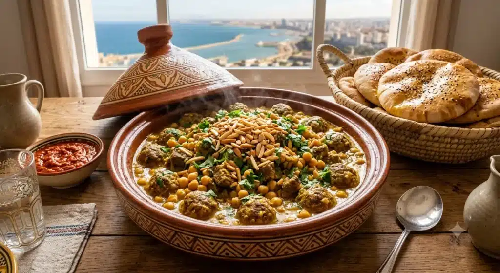 Authentic Algerian Tajine Mtewem recipe for 2026 with garlic meatballs, chickpeas, and almonds