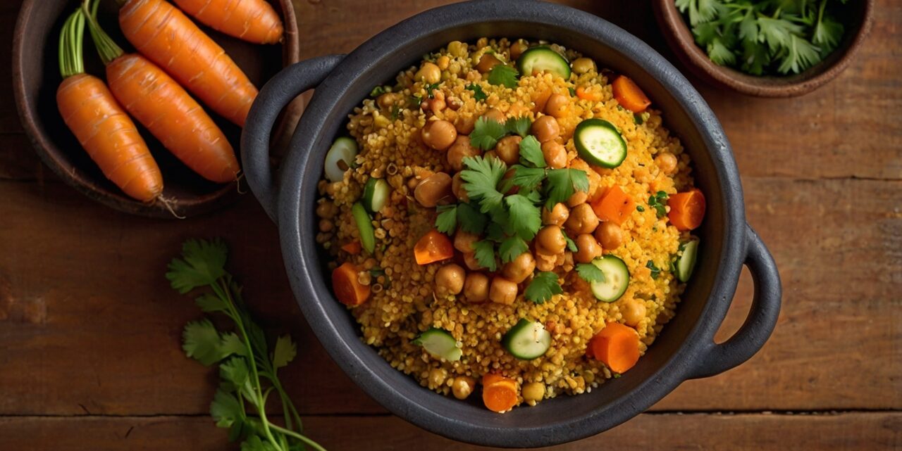 Traditional Algerian Couscous with lamb, chickpeas, and fresh vegetables served in a traditional clay bowl.